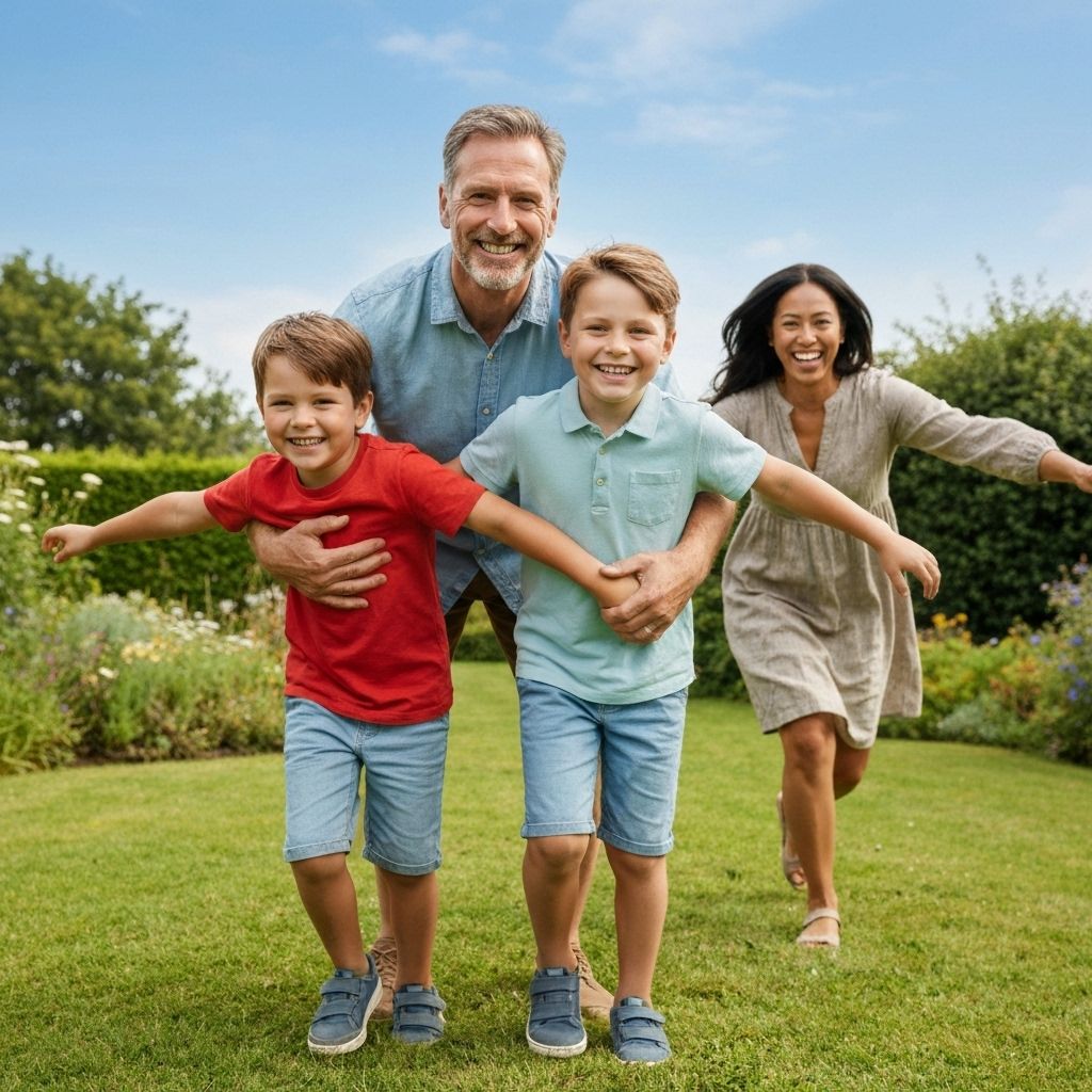 Happy UK family reunion with father, mother and two children embracing